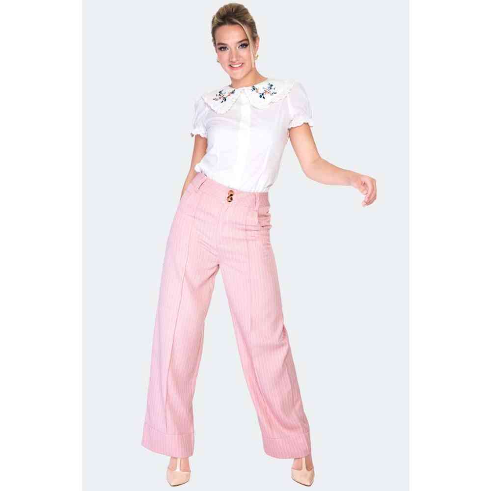 Voodoo Vixen - Pinstripe turn up Weite Hose - Rosa